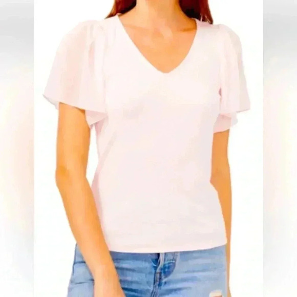 1. STATE
V-Neck Chiffon Short Flutter Sleeve Ribbed Knit Top Size Med light pink - Picture 1 of 4